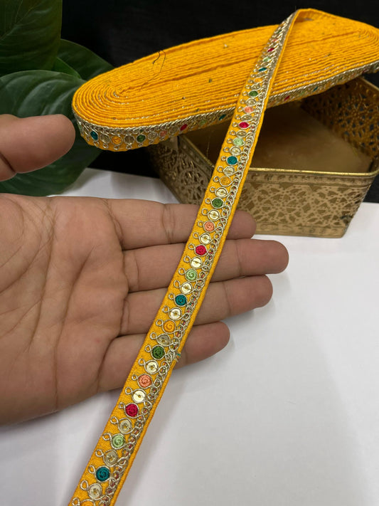 Multicolored Sabyasachi Inspired Embroidered Lace – 9 Meters, 0.5-Inch Designer Trim for Sarees, Lehengas & Dupattas | Yellow