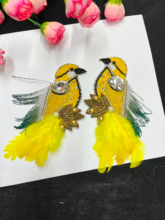 Handcrafted Feather Bird Patches for Sarees, Lehengas, Blouses & Dresses – Designer Bird Applique Set of 2 | DC1045 | Yellow