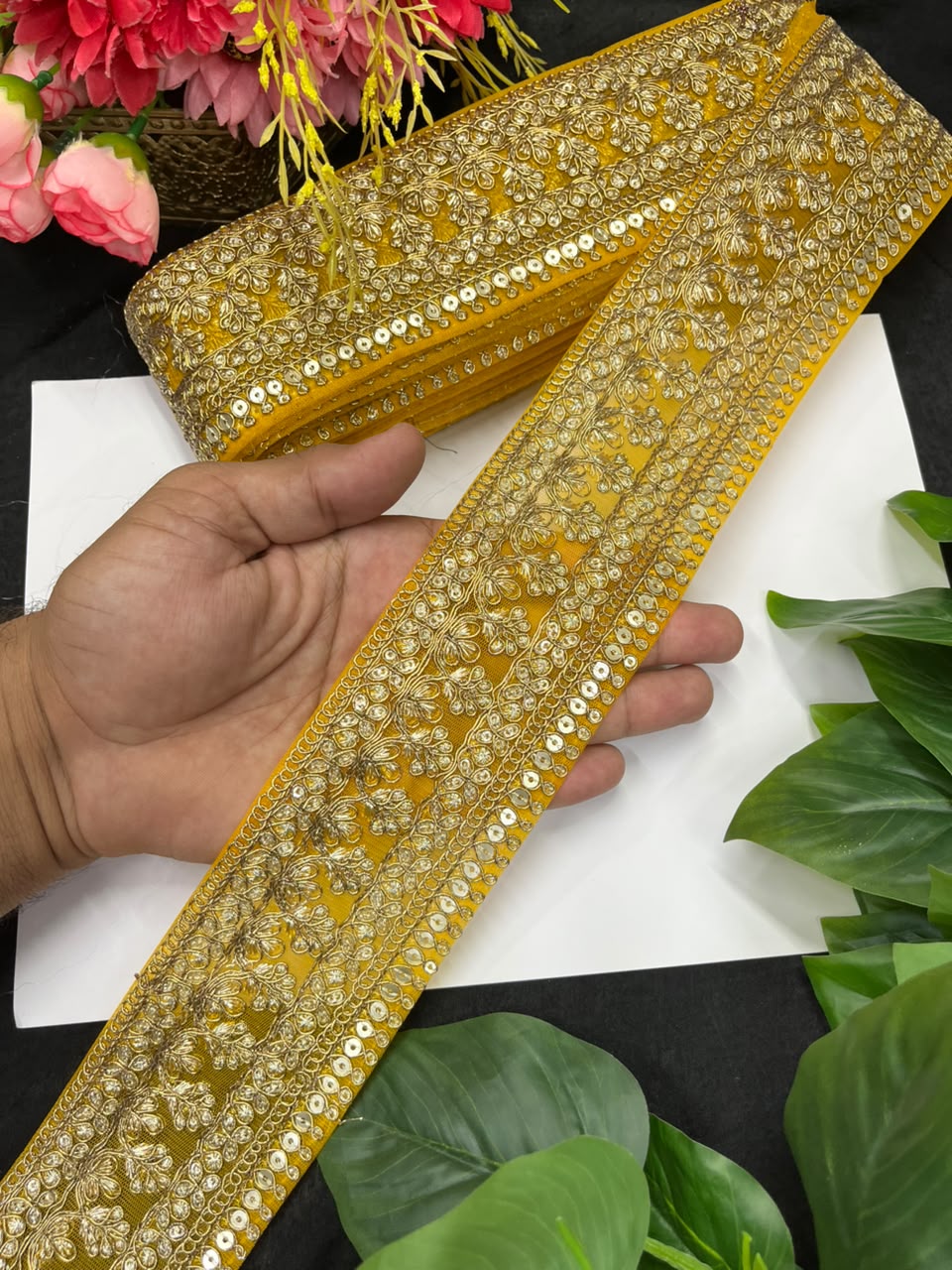 Golden Zari Embroidered Lace for Sarees, Lehengas & Dupattas – Premium Designer Embroidered Lace Border for Boutique Owners & Fashion Designers (3 Inch) | Yellow