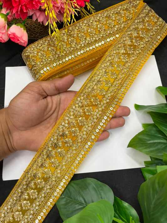 Golden Zari Embroidered Lace for Sarees, Lehengas & Dupattas – Premium Designer Embroidered Lace Border for Boutique Owners & Fashion Designers (3 Inch) | Yellow