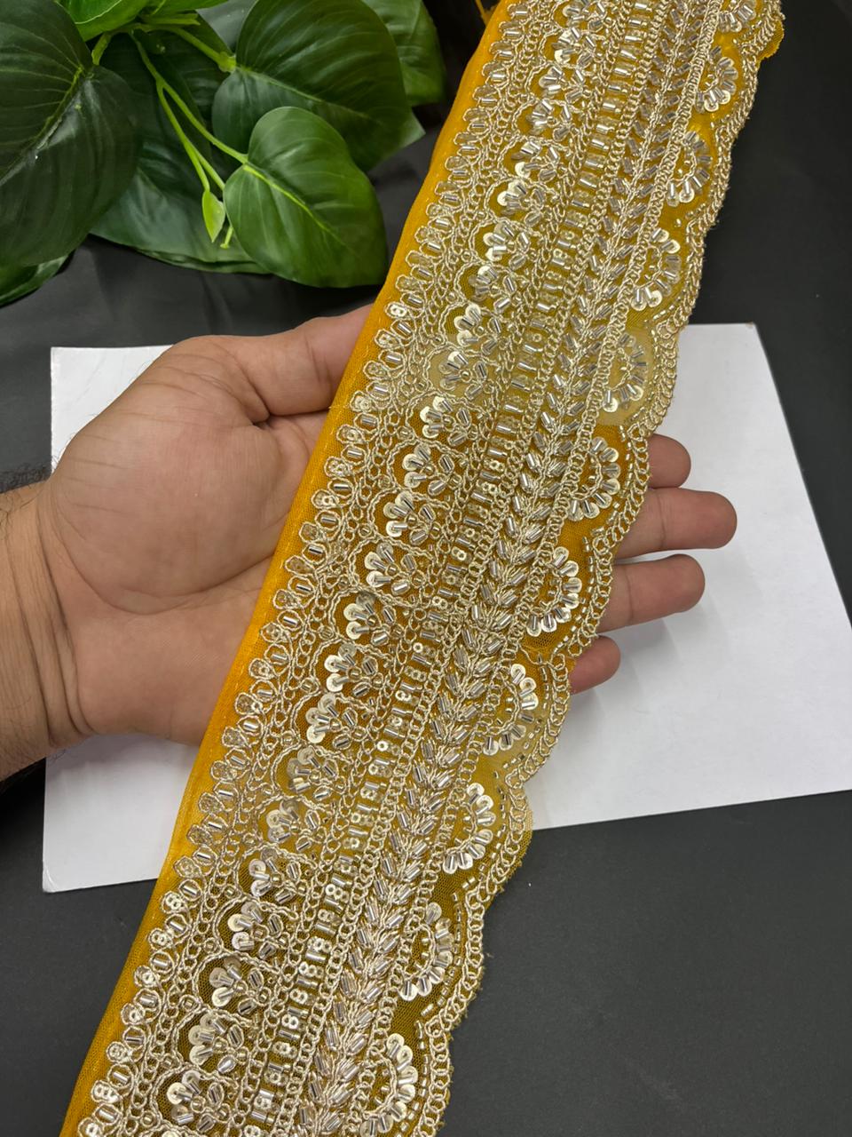 Exclusive Bridal Saree Laces & Borders on Net Fabric – Maggam Work Designer Trim for Sarees, Lehengas & Dupattas (9 Meter, 4 Inch Width) | Yellow