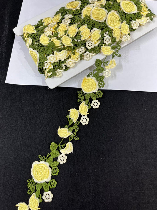 Beautiful Flower Western Lace Trim for Dresses, Sarees & Kurtis – Designer Imported Floral Lace Border (1.5 Inch) | Yellow