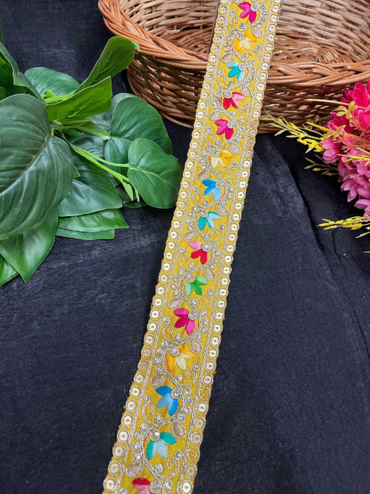 Multicolored Stonework Embroidery Saree Lace Border – 9 Meters, 1.5-Inch Wide Decorative Trim for Lehengas & Dupattas | Yellow