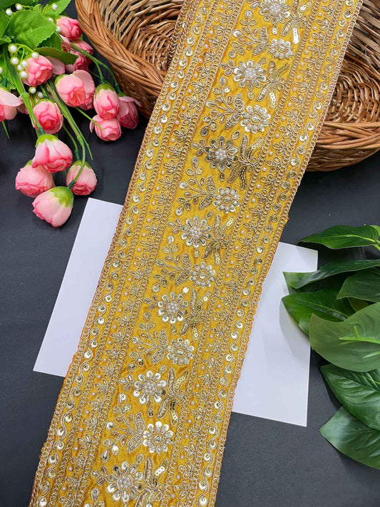 Handcrafted Exquisite Embroidered Cutdana Bridal Lehenga Border – 9 Meters, 5-Inch Maggam Work Lace | Yellow