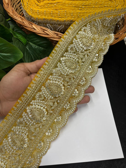 Beautiful Cutdana & Pearl Work Maggam Work Bridal Lace – Premium Designer Bridal Lace | Yellow