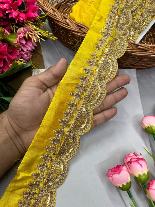 Scalloped Zardosi Work Saree Borders – Premium 2 Inch Handcrafted Maggam Work Lace for Bridal & Festive Wear (9 Meter) | Yellow