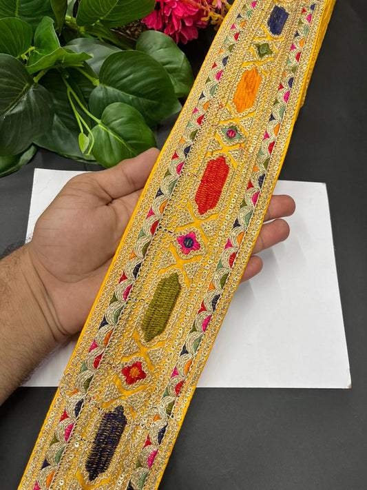Designer Sabyasachi Laces & Borders – Premium Embroidered Lace Trim for Sarees, Lehengas & Dupattas (9 Meter, 3.5 Inch Width) | Yellow
