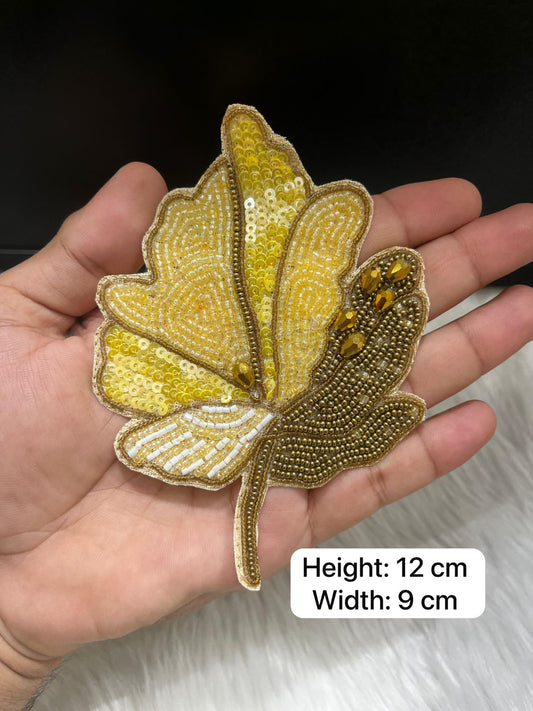 Beaded Handmade Leaf Design Patch | Decorative Embroidered Patches | Applique for Sarees, Dupattas & Ethnic Wear | Yellow