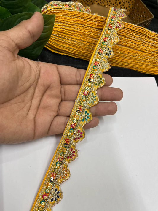 Multicolored Scalloped Sabyasachi Inspired Embroidered Lace – 9 Meters, 1-Inch Designer Trim for Sarees, Lehengas & Dupattas | Yellow