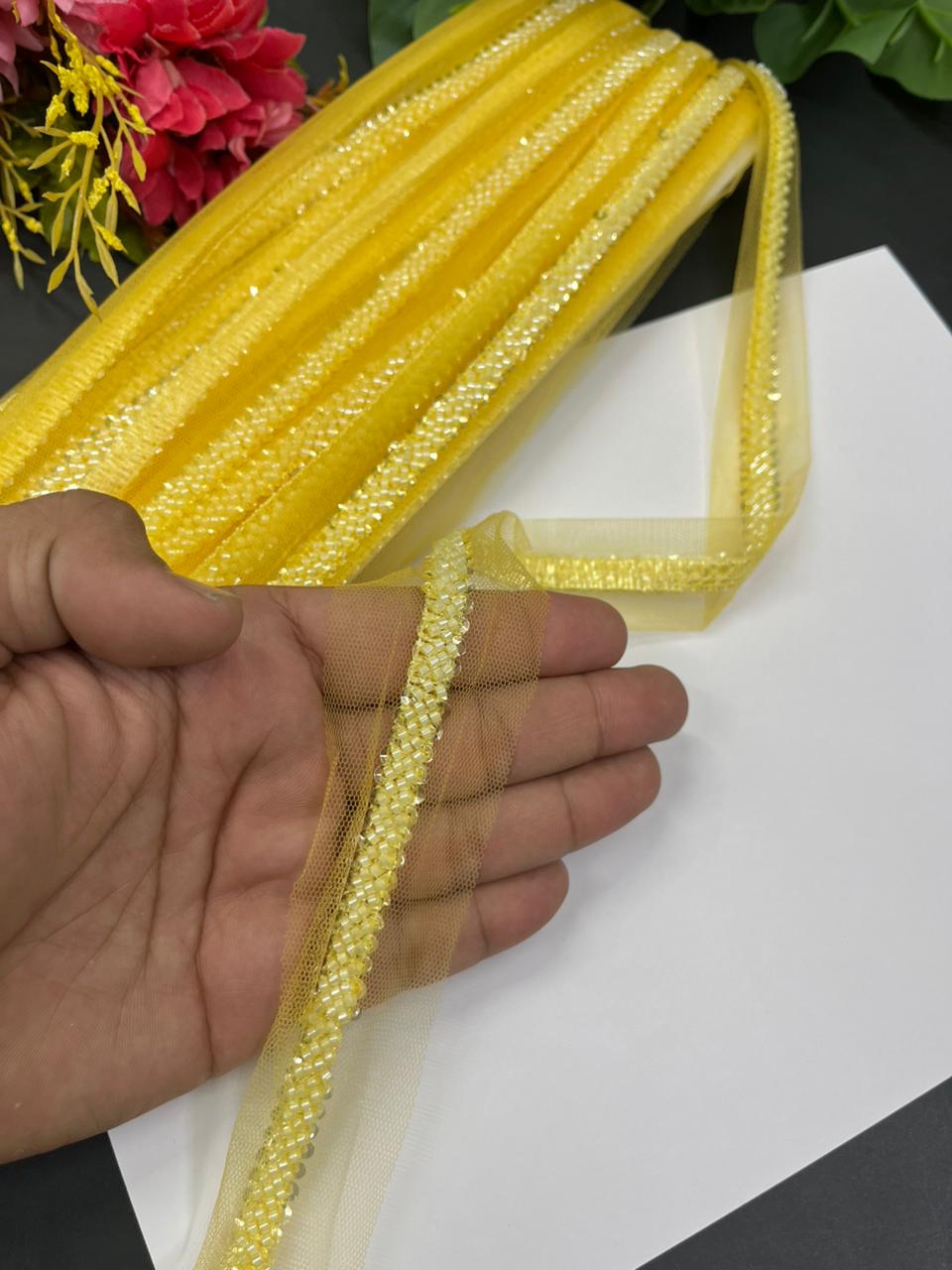 Imported Beaded Lace Trims – Premium Half-Inch Designer Lace for Sarees, Dupattas, Lehengas & Couture Wear (9 Meter) | Yellow