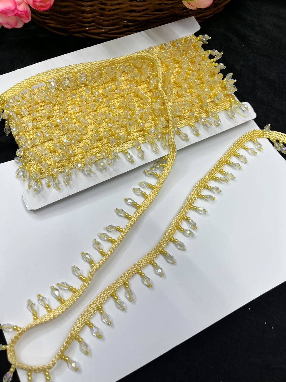 Crystal Drop Latkan Lace for Dupattas, Blouses, Sarees & Lehengas – Designer Hanging Crystal Lace Border (1 Inch) | DC1047 | Yellow