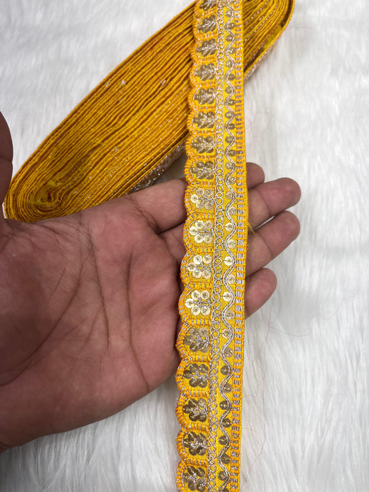 Indian Saree Lace Border Embroidered Trim - Floral Thread Decorative Ribbon (9 Meter) | Yellow