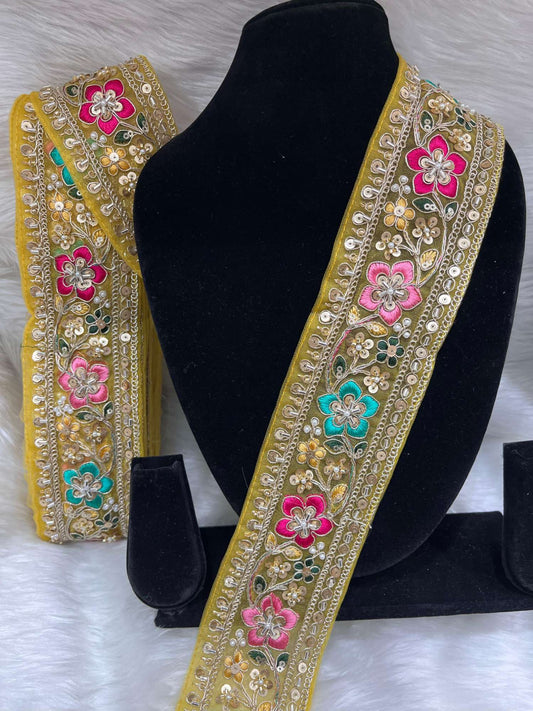 Embroidered Beaded Sequins Lace Borders on Net Fabric – 9 Meters, 2.5-Inch Maggam Work Trim for Sarees & Lehengas | Yellow