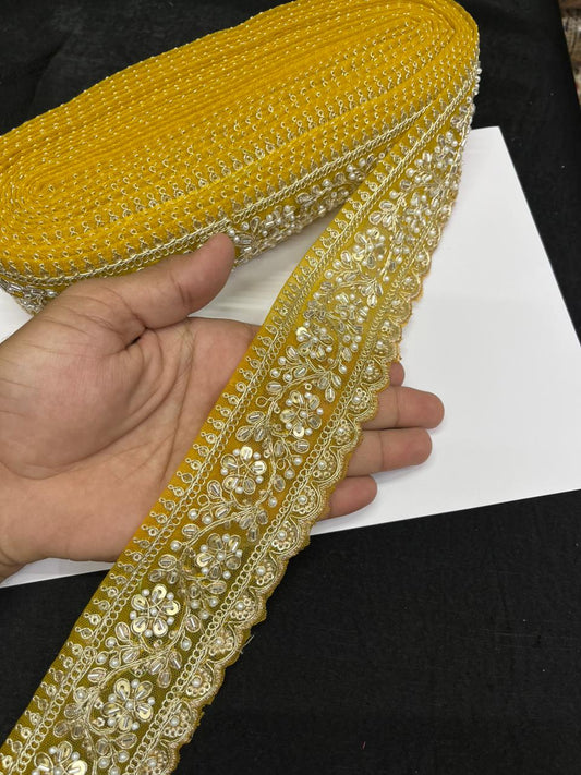 Rich Maggam Work Saree Border Lace for Blouses, Lehengas & Dresses – Designer Handcrafted Embroidered Lace (2.5 Inch) | Yellow