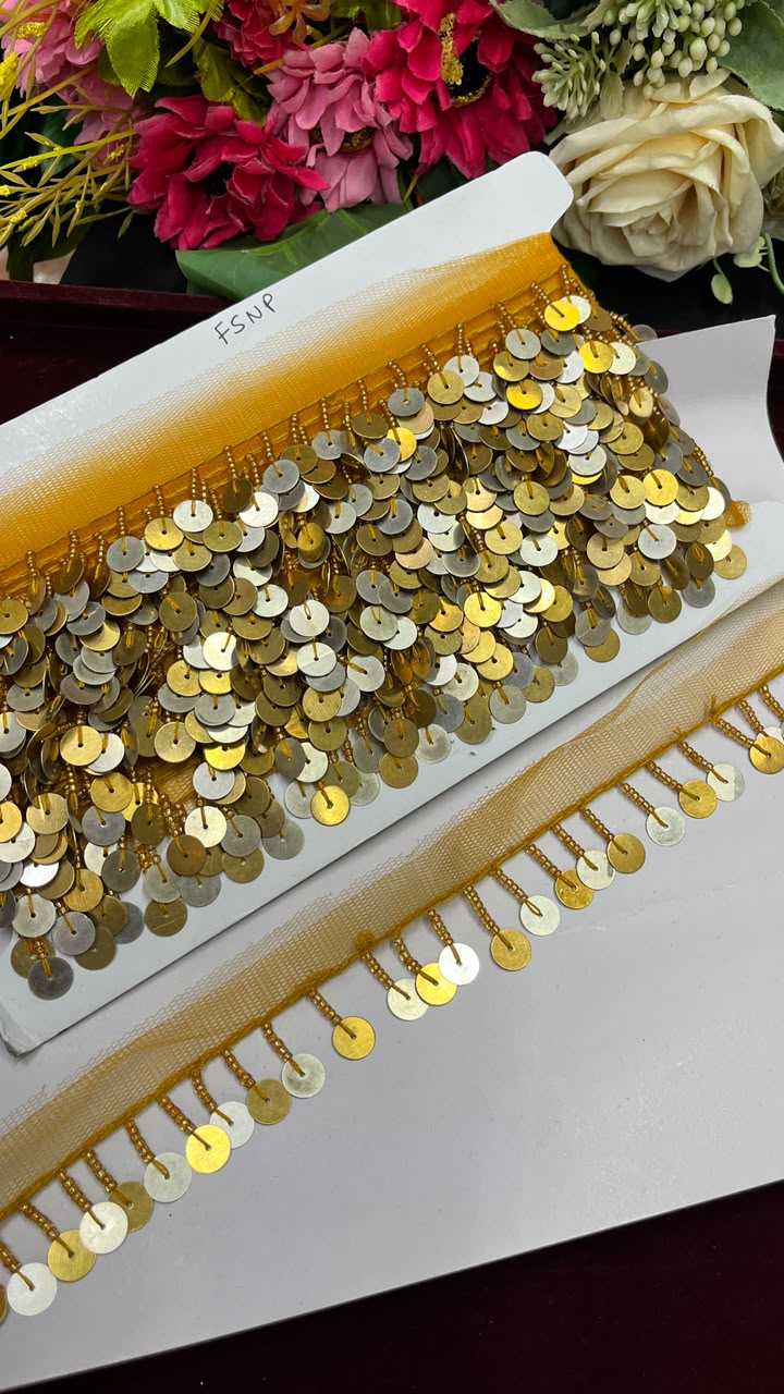 Sabyasachi Style Metal Coin Latkan Lace for Sarees, Lehengas, Dupattas & Blouses – Designer Hanging Coin Lace Border (1 Inch) | DC1070 | Yellow