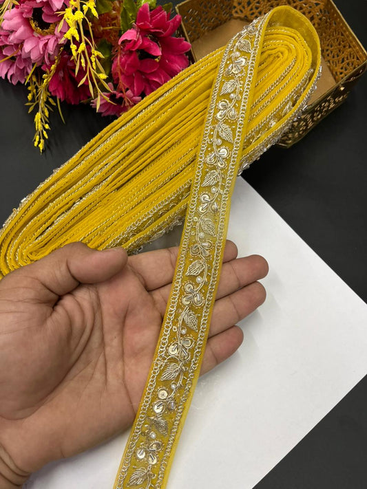 Pearl Zari Embroidered Net Lace – Designer Maggam Work Border for Sarees, Lehengas & Dupattas (9 Meter, 1 Inch Width) | Yellow