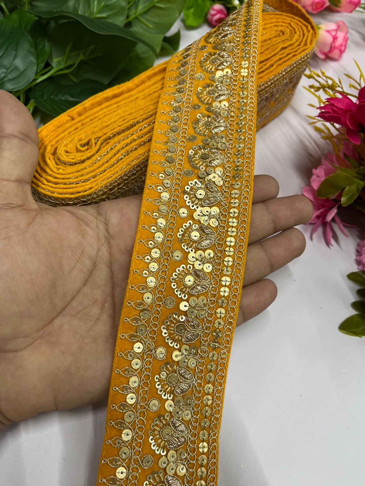 Gold Zari Sequins Embroidered Velvet Lace Border | Velvet Designer Lace (9 Mtr) | Yellow
