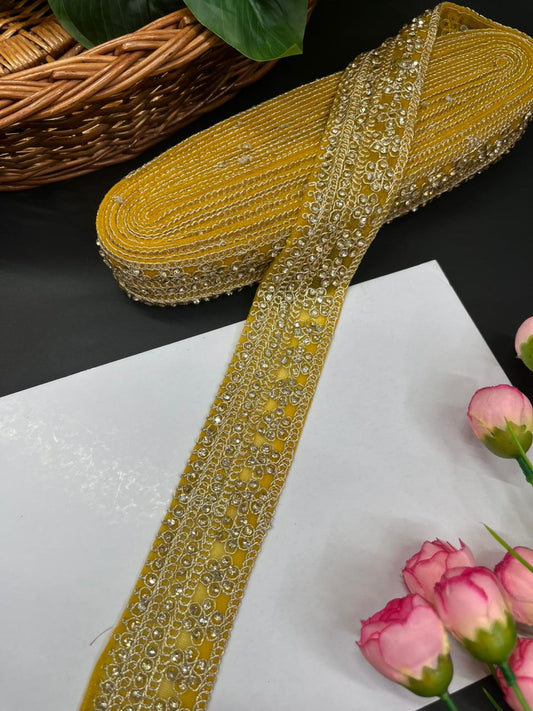 Gorgeous Diamond Work Lace & Borders – Premium Maggam Work Trim for Sarees, Lehengas & Dupattas (9 Meter, 2 Inch Width) | Yellow