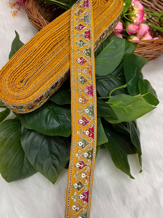 Sabyasachi-Inspired Embroidered Designer Lace Border – 9 Meter Roll, 1 Inch Wide for Ethnic & Creative Projects | Yellow