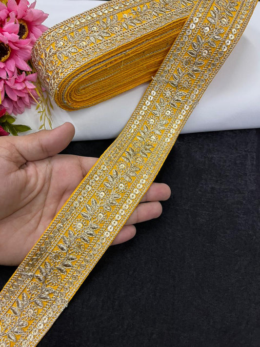 Leaf Style Embroidered Designer Lace Border for Sarees, Kurtis & Dresses – Elegant Ethnic Embroidery Lace (2 Inch) | Yellow