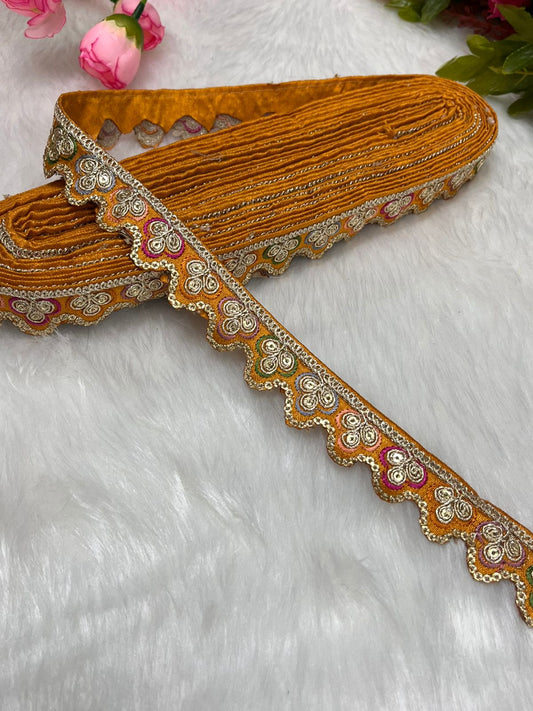 Sabyasachi-Inspired Multicoloured Designer Embroidered Trims – 9 Meter Roll, 1 Inch Wide for Crafting & Fashion | Yellow