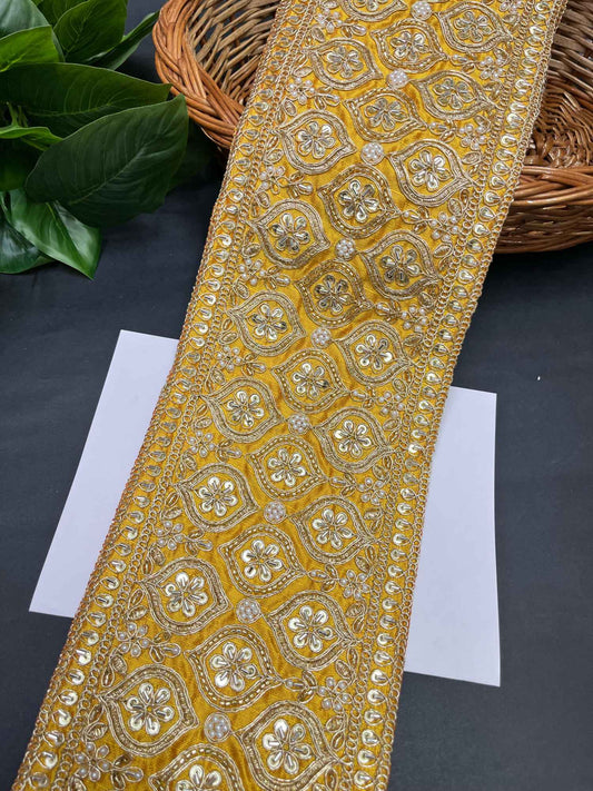 Katdana & Bead Work Embroidered Bridal Lehenga Lace Trim – 9 Meters, 5-Inch Heavy Border for Sarees & Wedding Outfits | Yellow