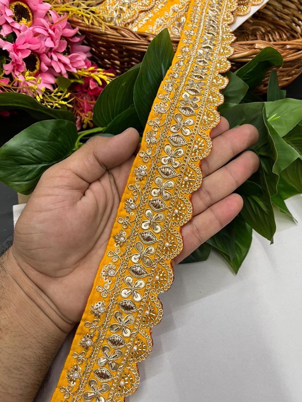 Exclusive Maggam Work Embellished Saree Lace – Designer Handcrafted Border for Sarees, Dupattas & Lehengas (9 Meter, 1.5 Inch Width) | Yellow