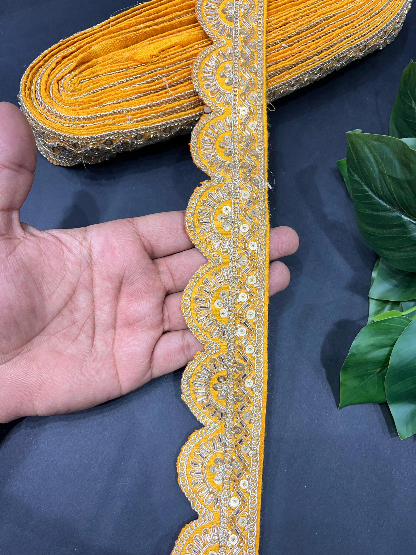 Cutdana Sequin Handmade Embroidered Lace – 9 Meters, 2-Inch Width | Maggam Work Lace | Yellow