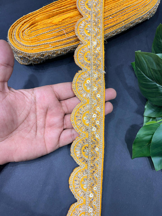 Cutdana Sequin Handmade Embroidered Lace – 9 Meters, 2-Inch Width | Maggam Work Lace | Yellow