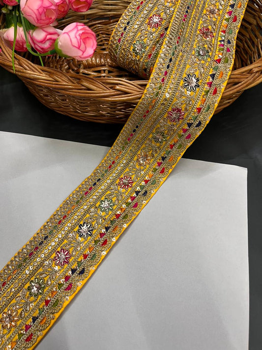 Classic Embroidered Sabyasachi Inspired Saree Lace Borders – Luxury Designer Embellished Lace for Sarees, Lehengas & Dupattas (9 Meter, 2.5 Inch Width) | Yellow