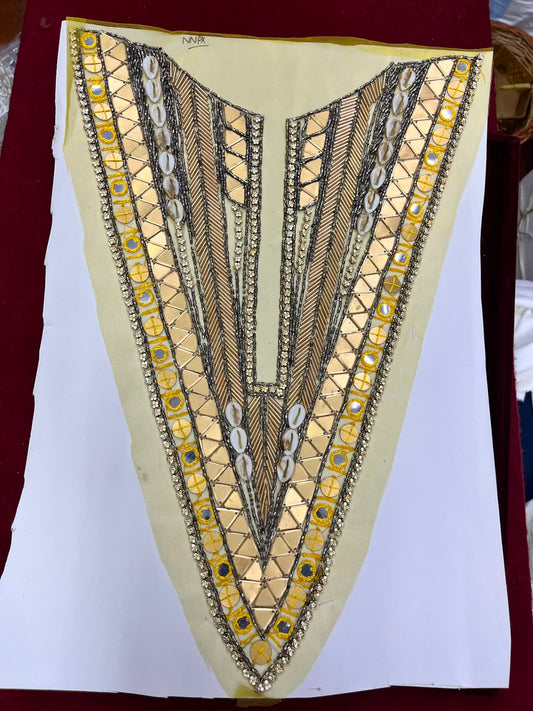 Designer Handcrafted Neck Patch for Dresses, Kurtis & Blouses – Premium Embroidered Neckline Applique | DC0982 | Yellow