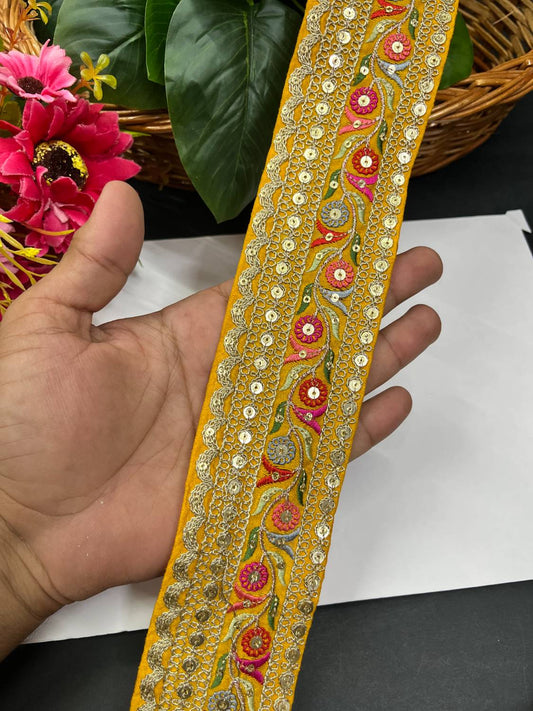 Sabyasachi Inspired Embroidery Lace Border for Sarees & Lehengas (9 Meter) – 2 Inch Width | Yellow