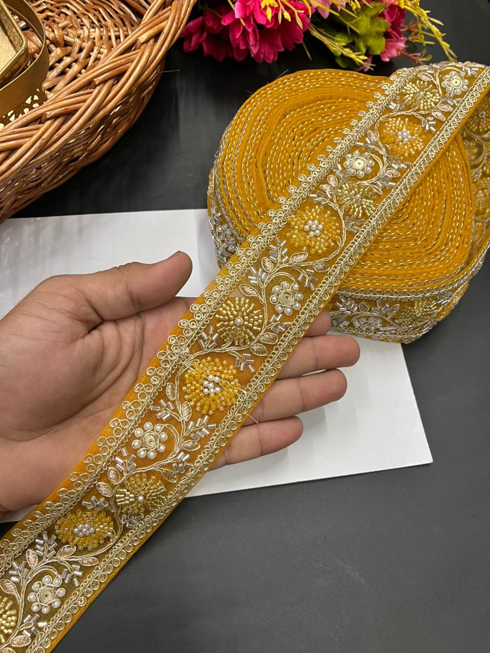 Beaded Bridal Laces Collection – Premium Maggam Work Designer Borders for Sarees, Lehengas & Dupattas (9 Meter, 2 Inch Width) | Yellow