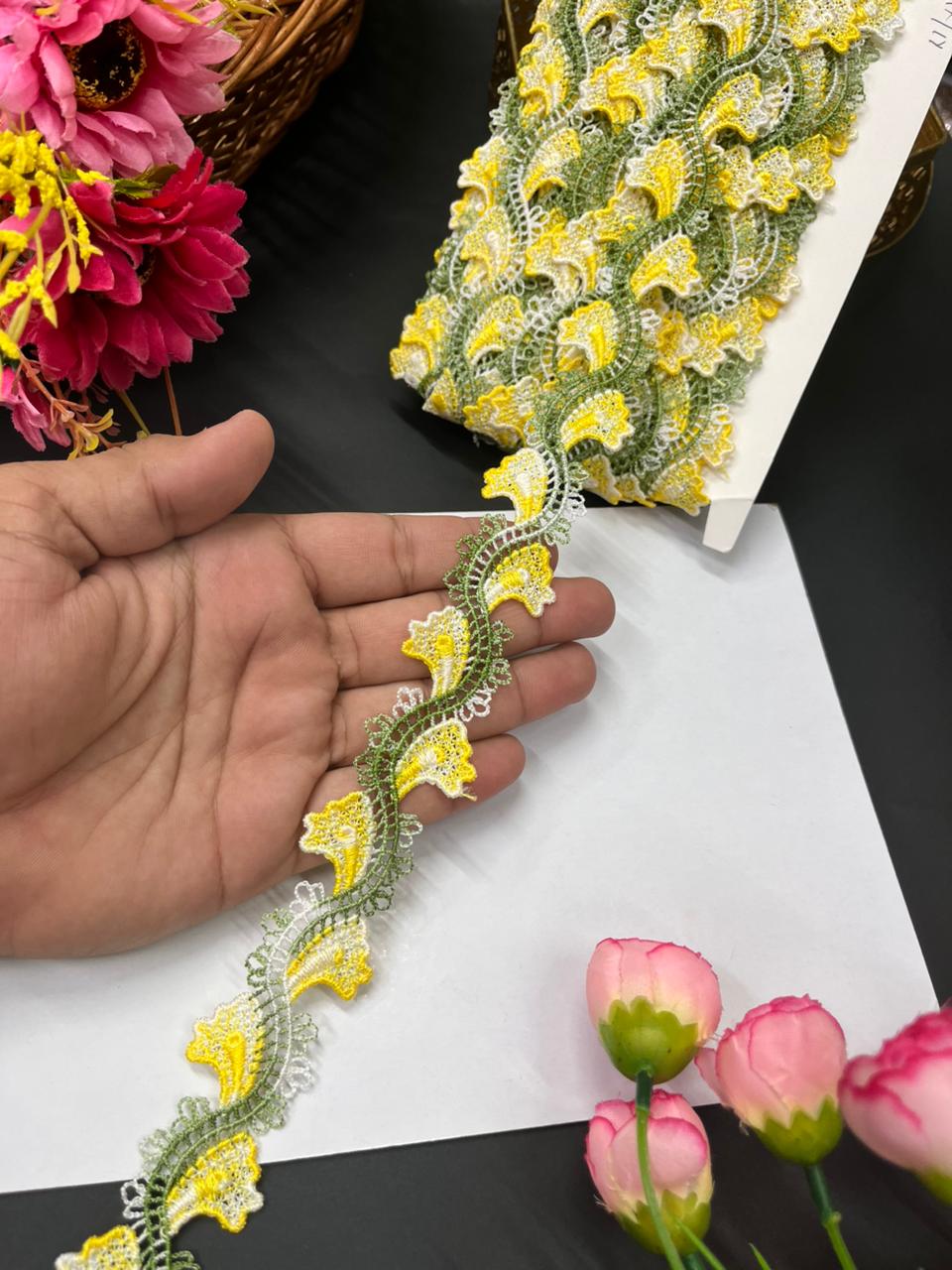 Imported Guipure Cotton Multicoloured Lace & Trims – Designer Border for Sarees, Lehengas & Dupattas (9 Meter, 1 Inch Width) | Yellow