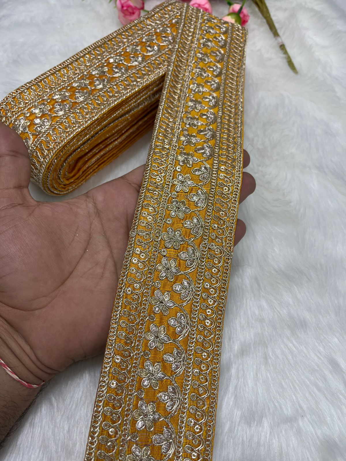 Elegant Embroidered Designer Lace Border – 9 Meter Roll, 2.5 Inch Wide for Sarees, Dresses, and Crafts | Yellow