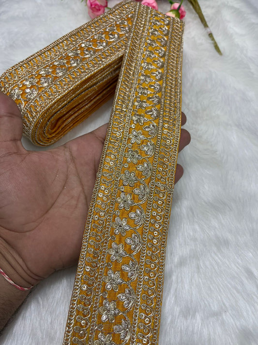 Elegant Embroidered Designer Lace Border – 9 Meter Roll, 2.5 Inch Wide for Sarees, Dresses, and Crafts | Yellow