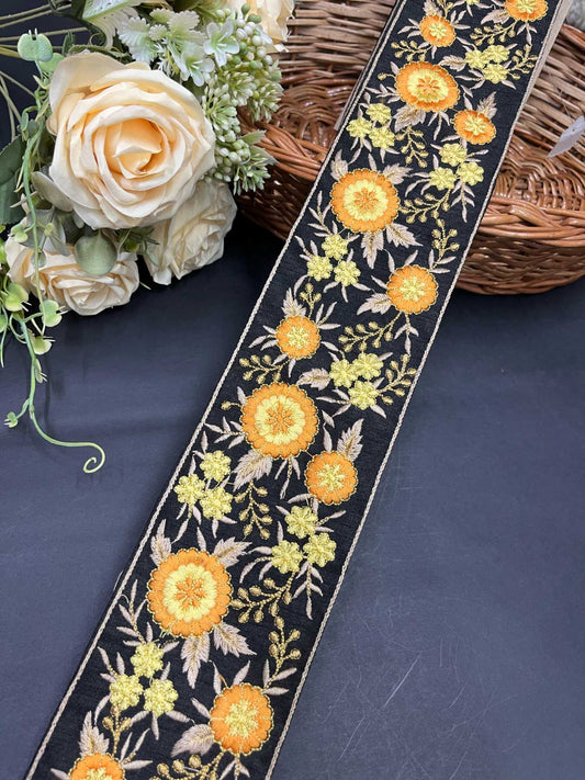 Floral Embroidered Trim | Sari Border Embellishment | Decorative Indian Embroidered Trim – 9 Meters, 3-Inch Width | Yellow