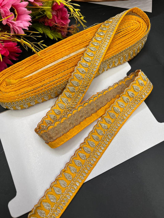 Embroidered Zari Lace Border for Saree, Lehenga & Craft Projects – Designer 1 Inch Embroidery Lace for Ethnic Wear (9 Meter) | Yellow