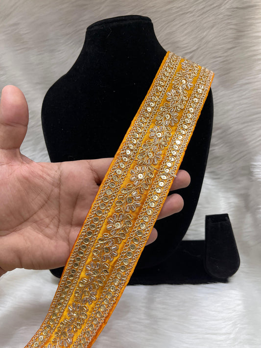 Maggam Work Lace for Saree and Dupatta | Katdana Handmade Lace – 9 Meters, 2-Inch Width | Yellow