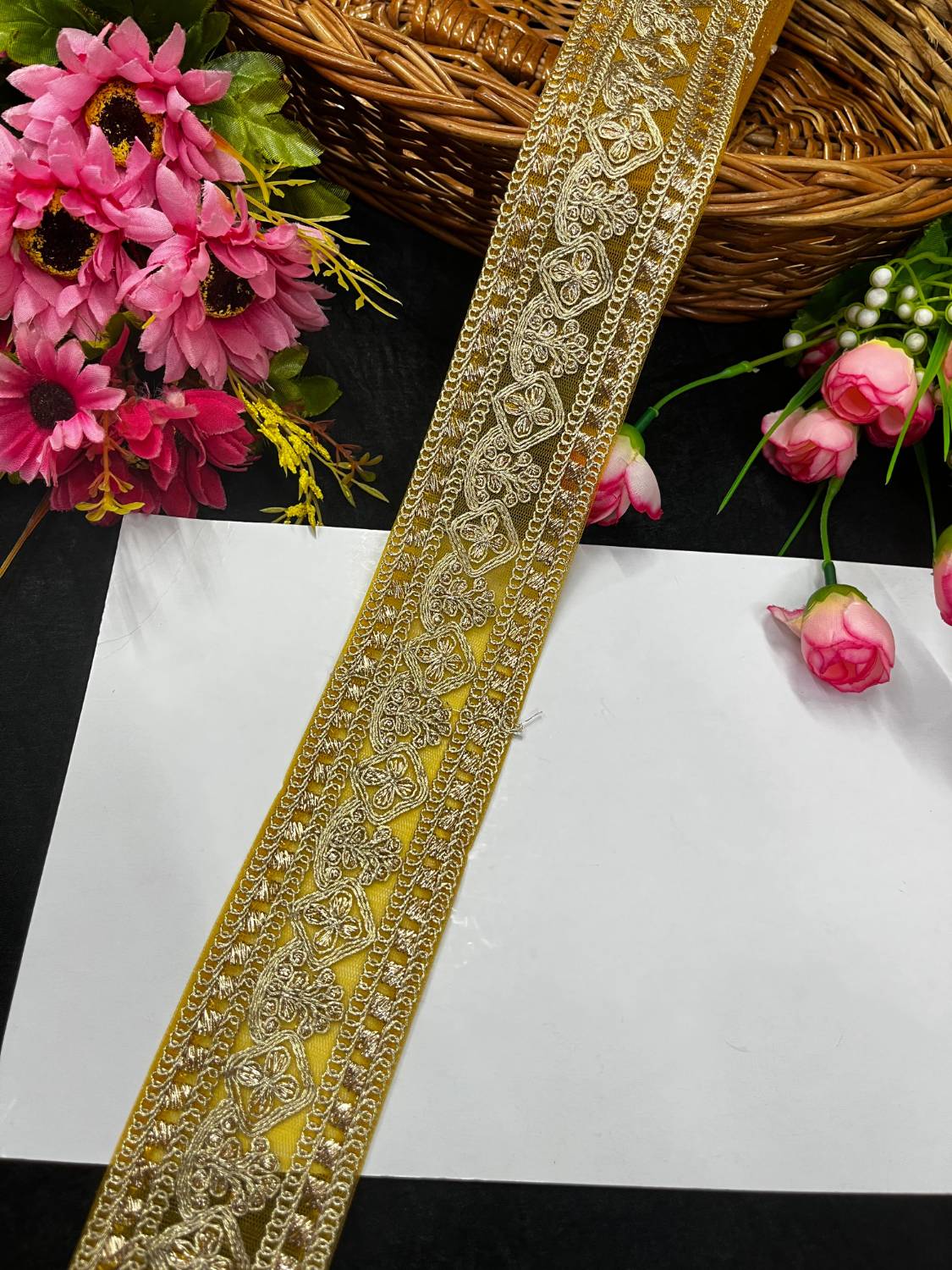 Embroidered Laces for Sarees & Dupattas – Elegant Net Border Trim for Ethnic & Festive Wear (9 Meter, 2 Inch Width) | Yellow