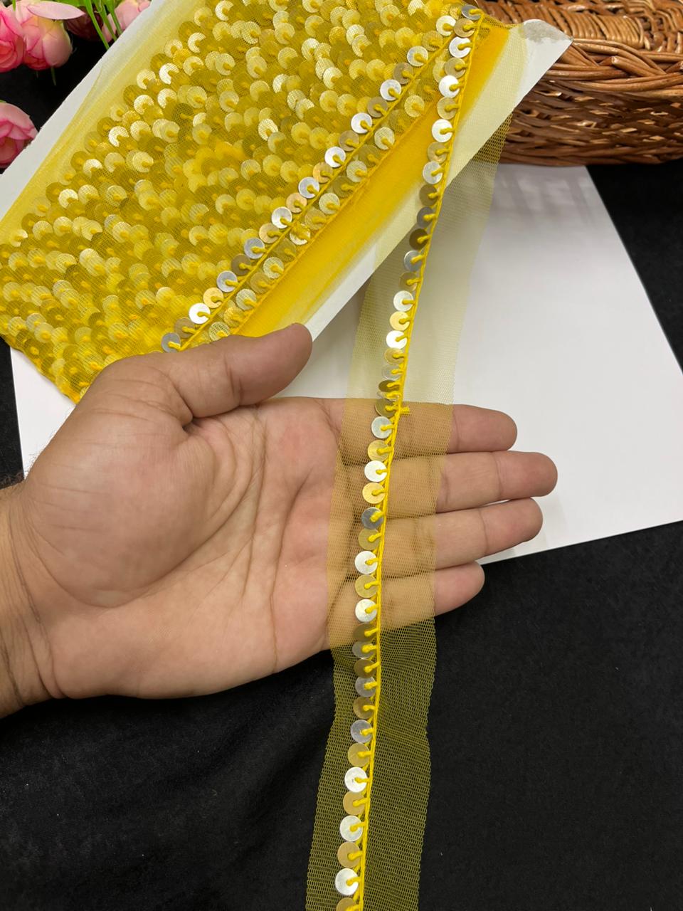 Sabyasachi-Inspired Metal Coin Lace for Dupattas & Sarees – Premium Handmade Ethnic Lace Border | Yellow