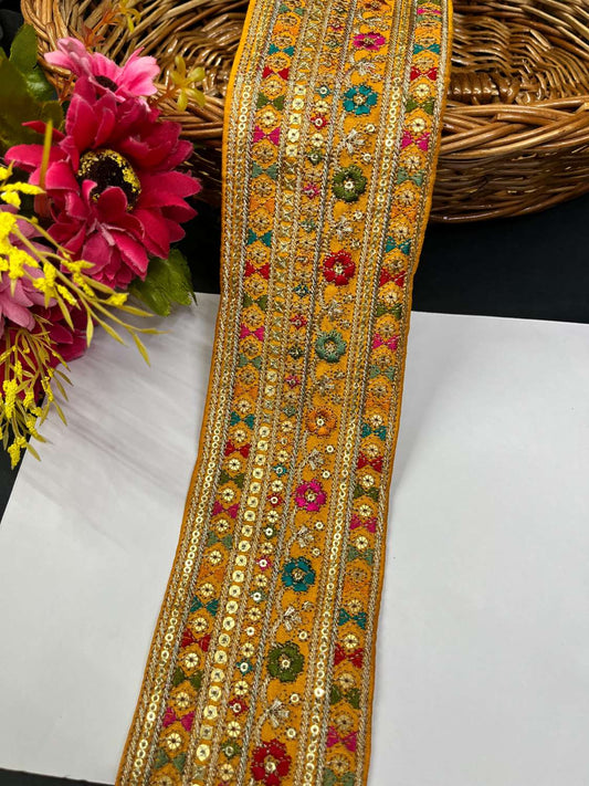 Sabyasachi Inspired Embroidery Lace for Sarees & Dupattas – 3 Inch Wide Lace Border (9 Meter) | Yellow