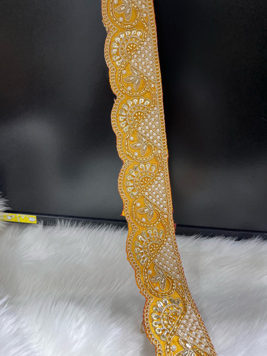 Vibrant Cutdana Beaded Embroidered Lace Border for Sarees and Dupatta – 9 Meters, 2-Inch Width | Yellow