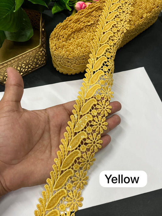Imported Cotton Lace Border for Sarees & Dresses – 2 Inch Designer Western Lace (9 Meter Roll) | Yellow