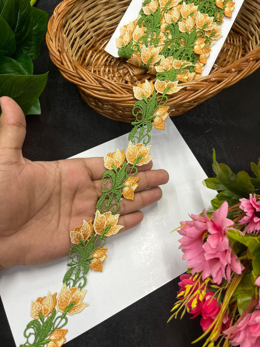 Imported Guipure Flower Lace Trim | Cutwork Western Designer Border for Sarees, Gowns & Ethnic Wear (9 Meter, 1.5 Inch Width) | Yellow