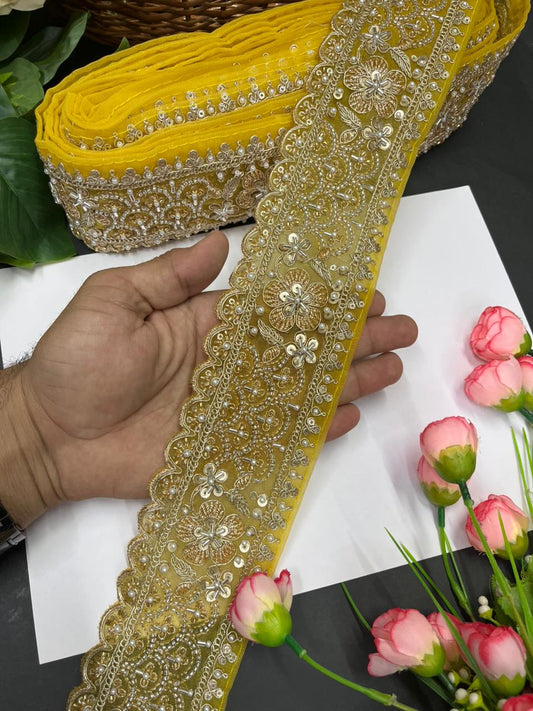 Exclusive Flower Embroidered Saree Lace Design – Premium Maggam Work Lace Border for Ethnic Wear | Yellow