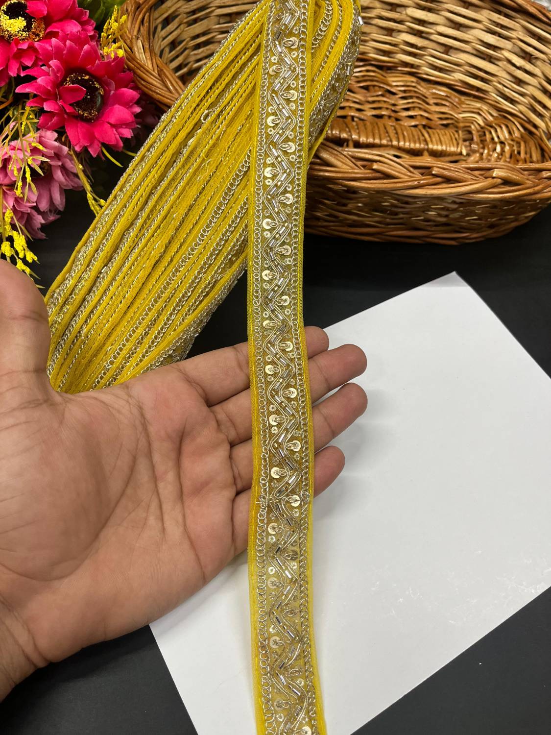 Beautiful Maggam Work Lace for Sarees – Decorative Maggam Work Lace (9 mtr, 1 inch) | Yellow