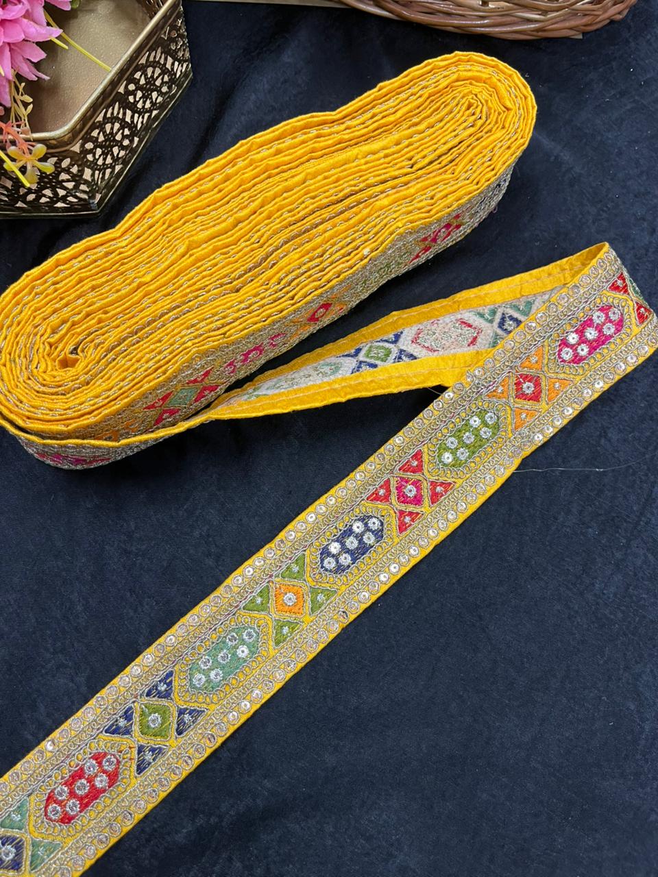 Sabyasachi Style Embroidered Designer Saree Lace Border – Luxury Ethnic Embroidery Lace for Sarees, Blouses & Lehengas | Yellow