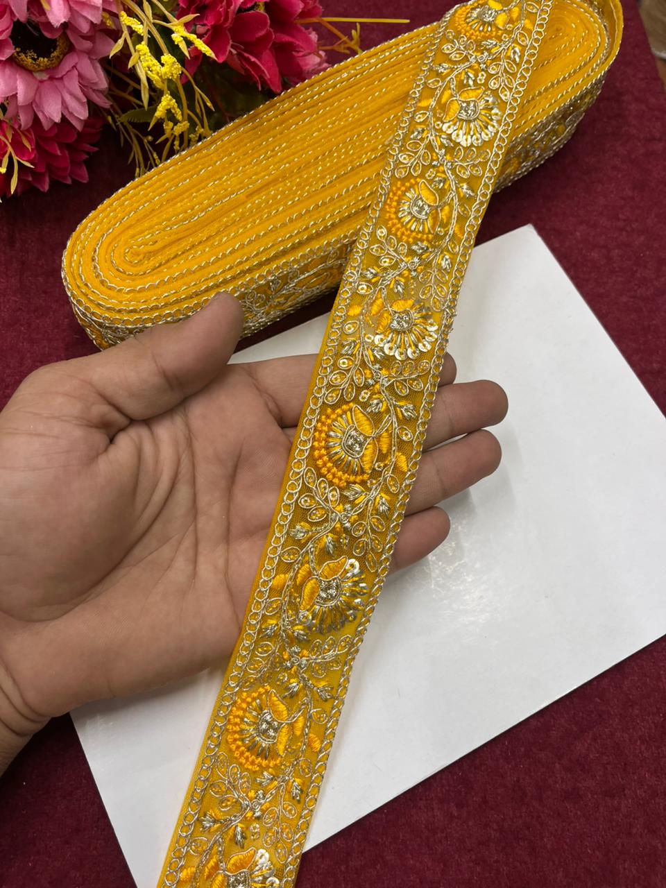 Sequins Work Zari Embroidered Laces – Premium Designer Borders for Sarees, Lehengas & Dupattas (9 Meter, 1.5 Inch Width) | Yellow
