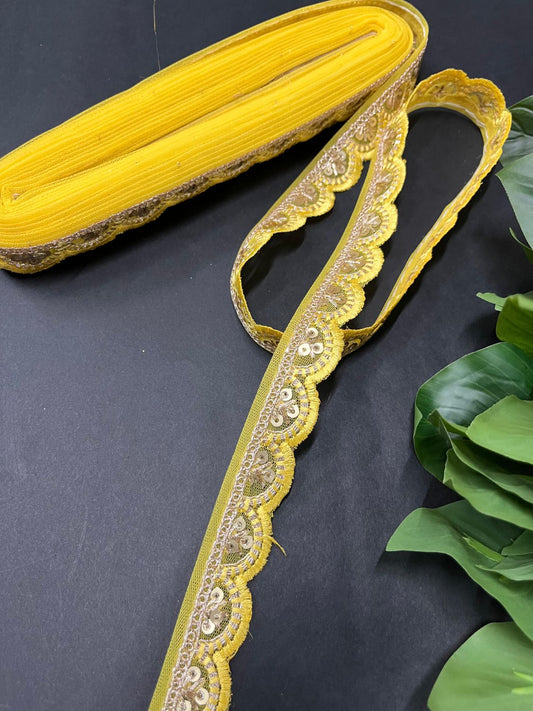 Gold Sequin Embroidered Lace on Net Fabric – Tone-to-Tone Design for Sarees, Dresses & Crafts – 9 Meter | Yellow